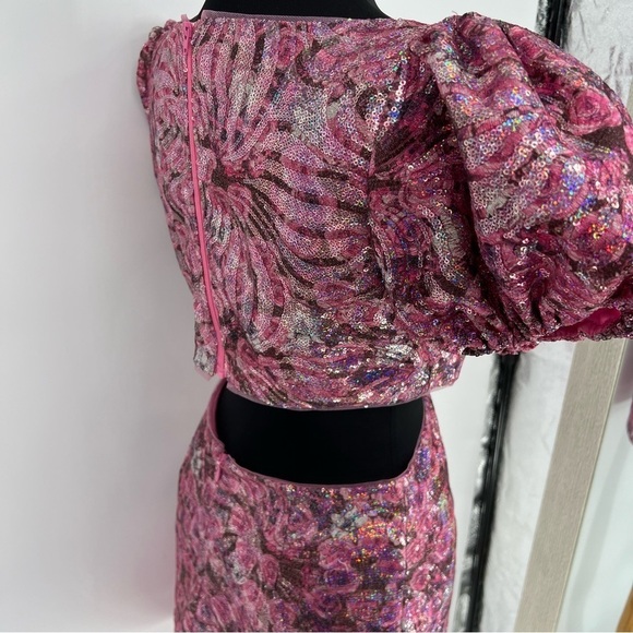 NWT Avec Les Filles Sequin Puff Sleeve Cutout Dress Pink Size 2 - Picture 7 of 16